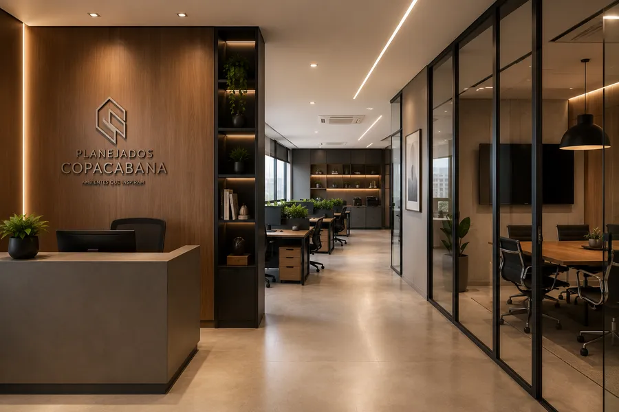 Recepção corporativa com painel de madeira, logo da Planejados Copacabana e mobiliário sob medida