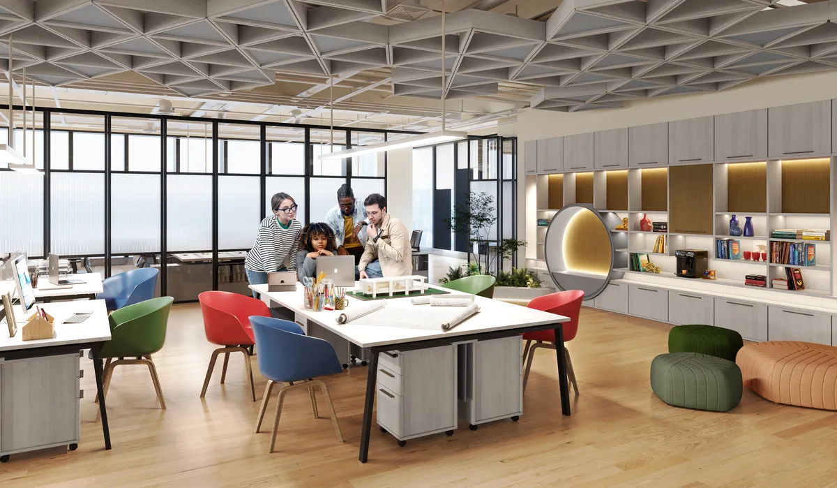 Coworking com estações e estantes planejadas nos acabamentos Nordic, Madeiral e Cinza Puro