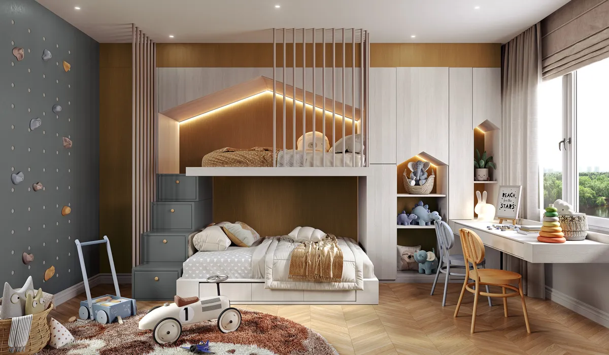 Dormitório infantil planejado com cama elevada nos acabamentos Nordic, Grey Sky e Madeiral