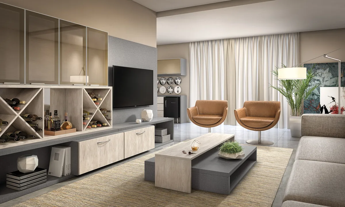 Sala de estar com painel de TV, adega e rack planejados