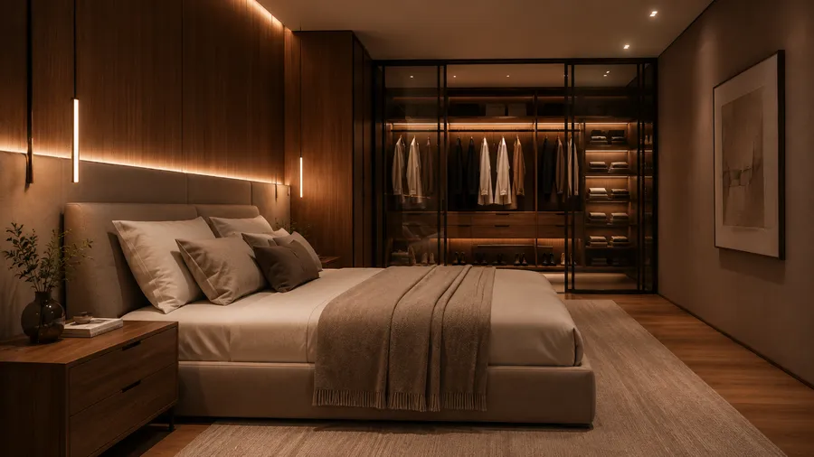 Dormitório planejado com cabeceira estofada, painéis de madeira e closet iluminado com portas de vidro