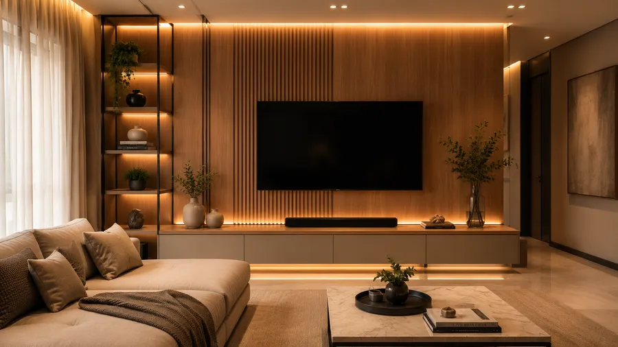 Sala com painel de TV ripado em madeira, estante iluminada e rack suspenso sob medida